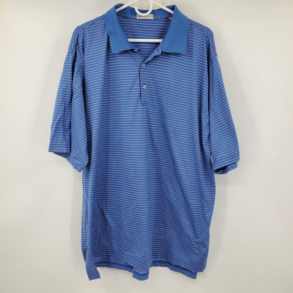 Peter Millar Mens XXL Blue Pink Striped 100% Cotton Short Sleeve Polo Shirt Golf